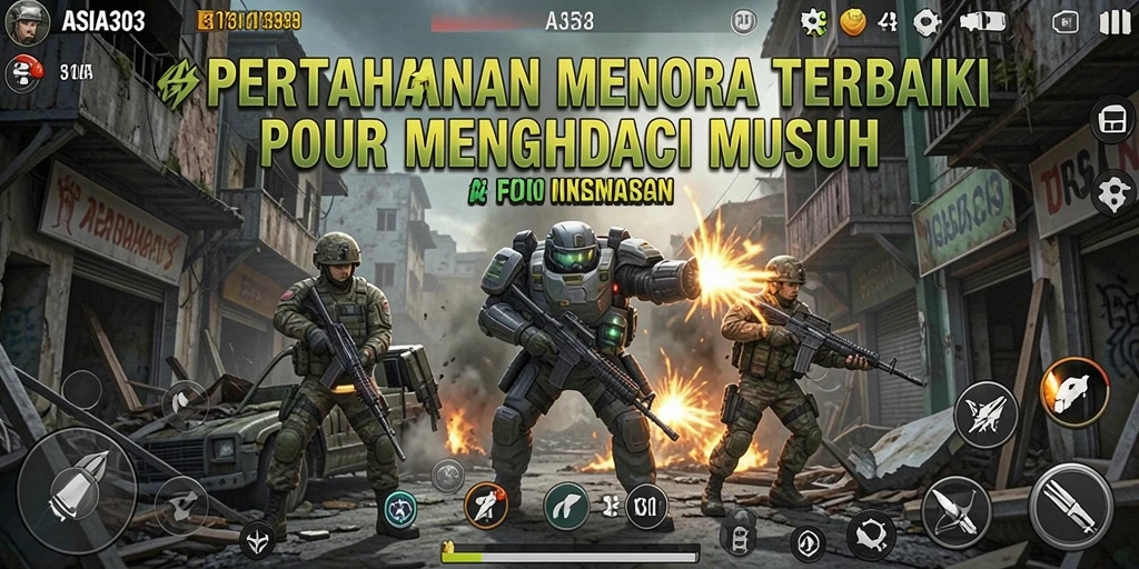 Screenshot gameplay ASIA303 menampilkan aksi menara pertahanan melawan gelombang musuh.