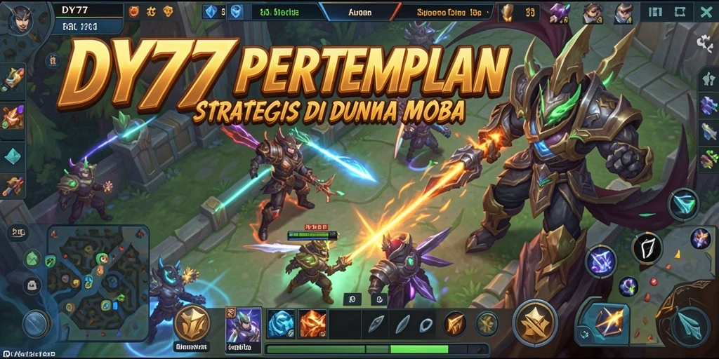 Screenshot utama DY777 menunjukkan aksi seru dalam pertempuran MOBA.